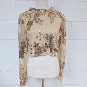 NWT Southern Fried Chics Gold Sequin Cropped Long Sleeve Blouse, Large